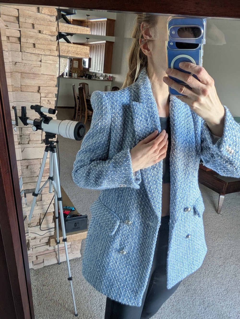 Zara Light Blue Tweed Double-Breasted Blazer Coat Size S